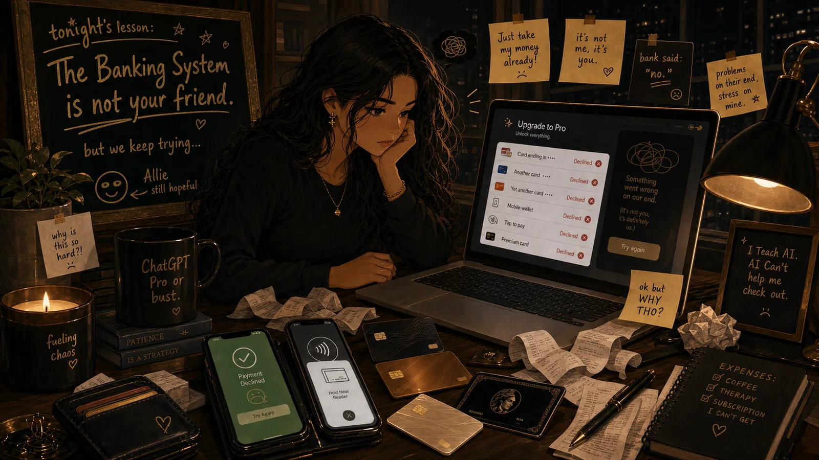 Satirical illustration of Allie frustrated at her laptop while trying multiple payment methods for a ChatGPT Pro subscription, surrounded by generic credit cards, mobile wallet screens, receipts, and sticky notes.