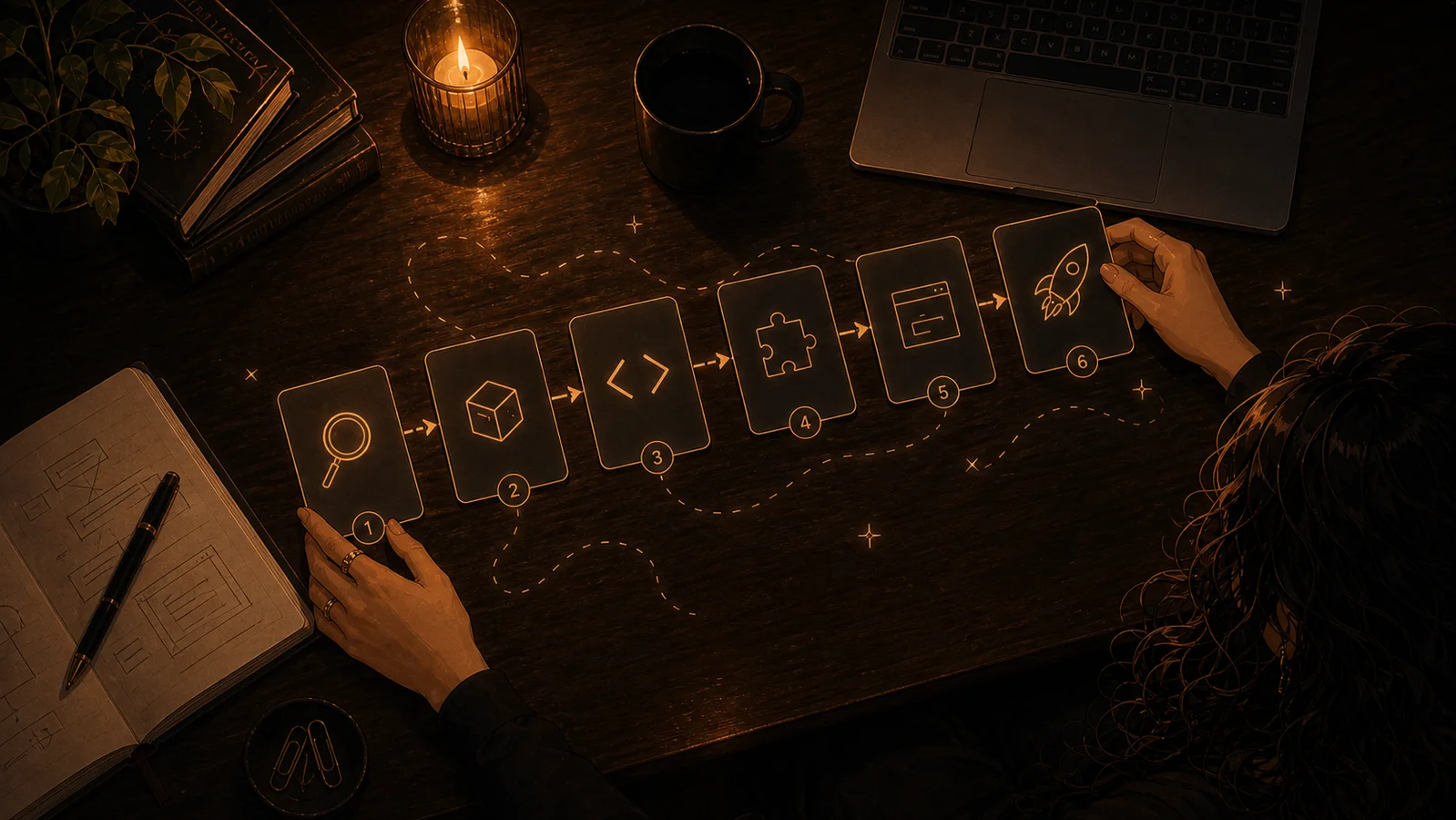 Overhead illustration of Allie's desk with her hands arranging six bronze mission cards beside a laptop, notebook, candle, and city-light reflections.