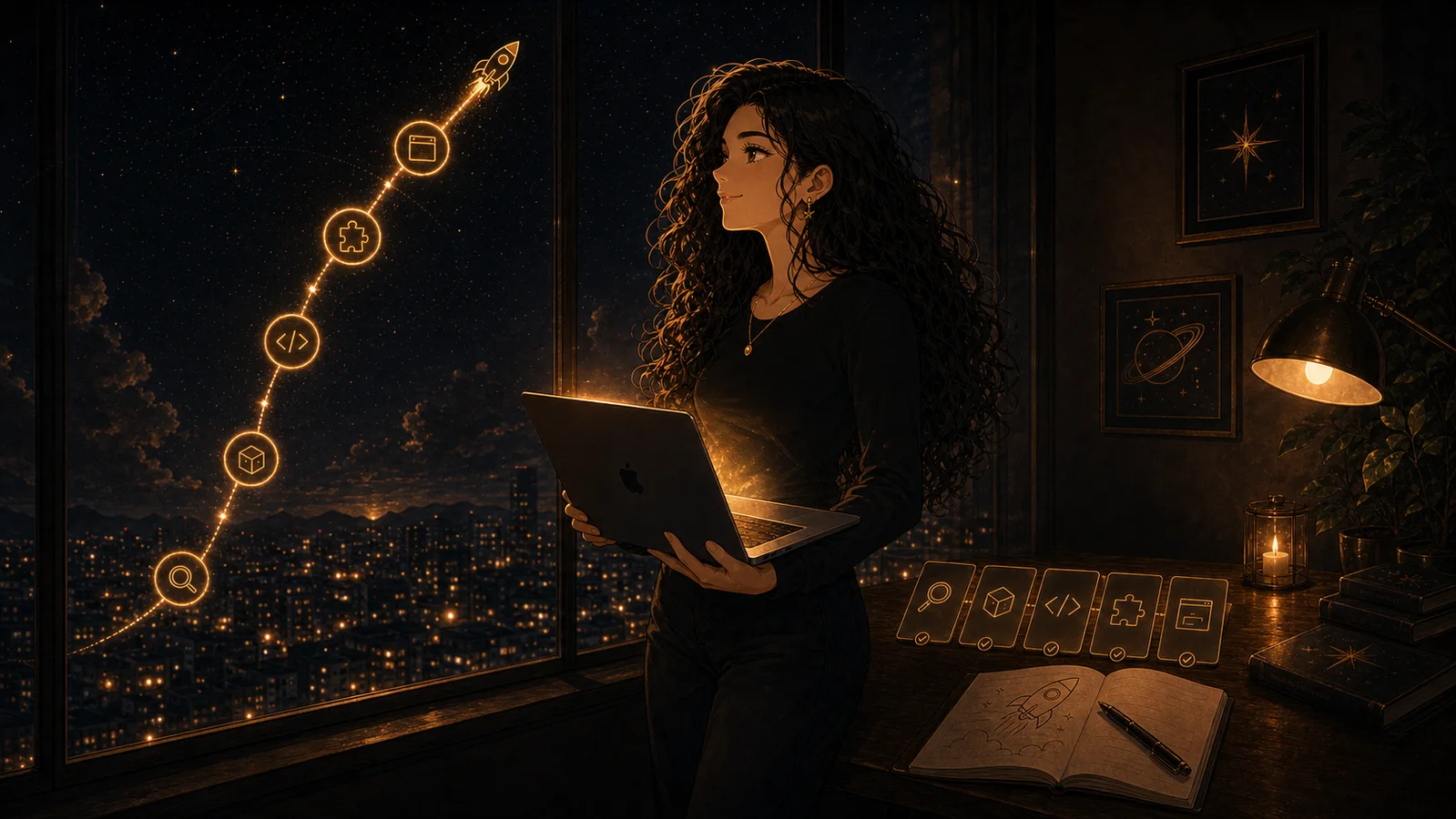 Illustration of Allie standing by a night window with a glowing laptop, completed mission cards, and a bronze launch path over the city.