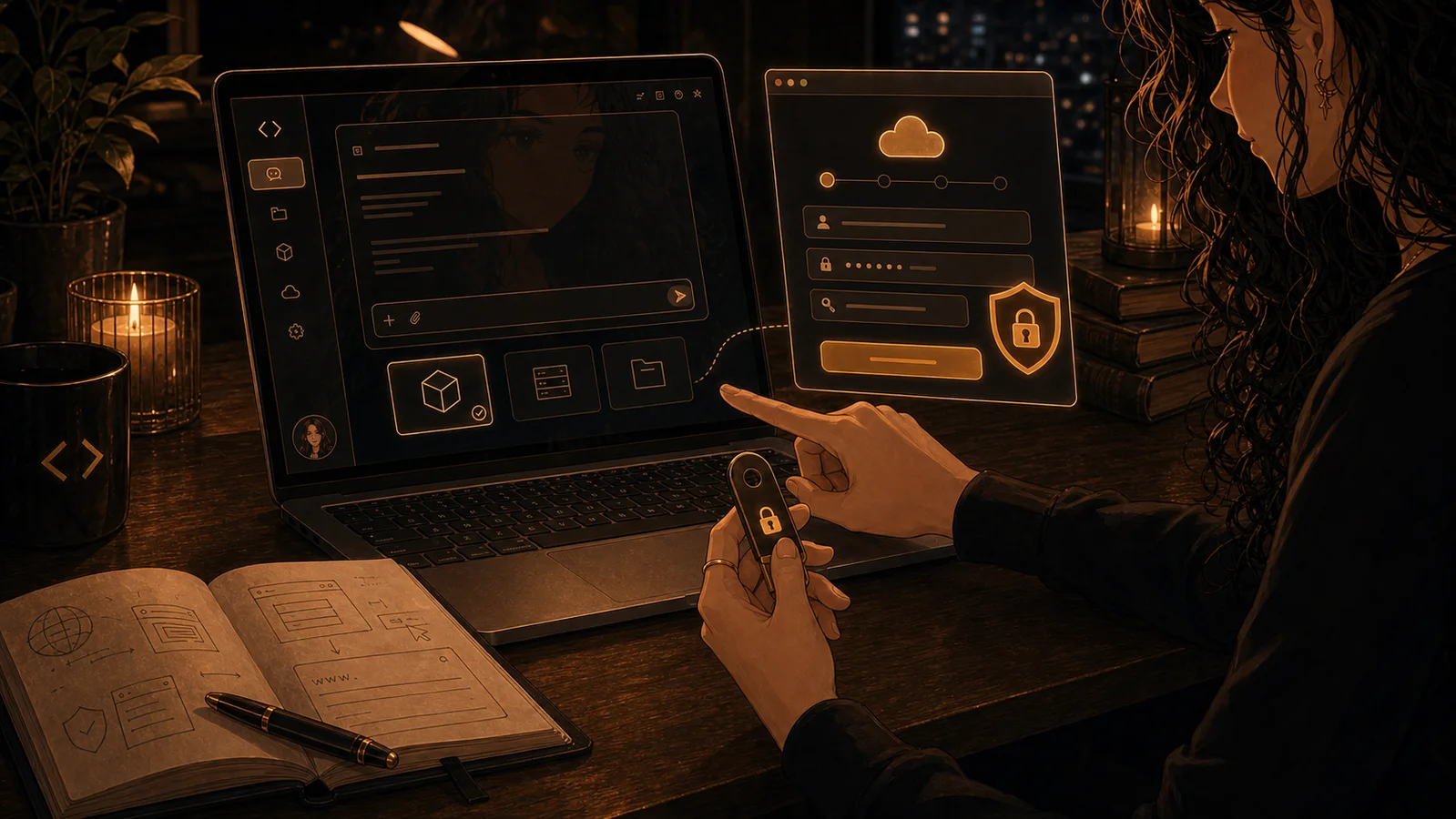 Close-up illustration of Allie's hands setting up the Codex desktop app, holding a security key beside an abstract account setup panel and notebook.