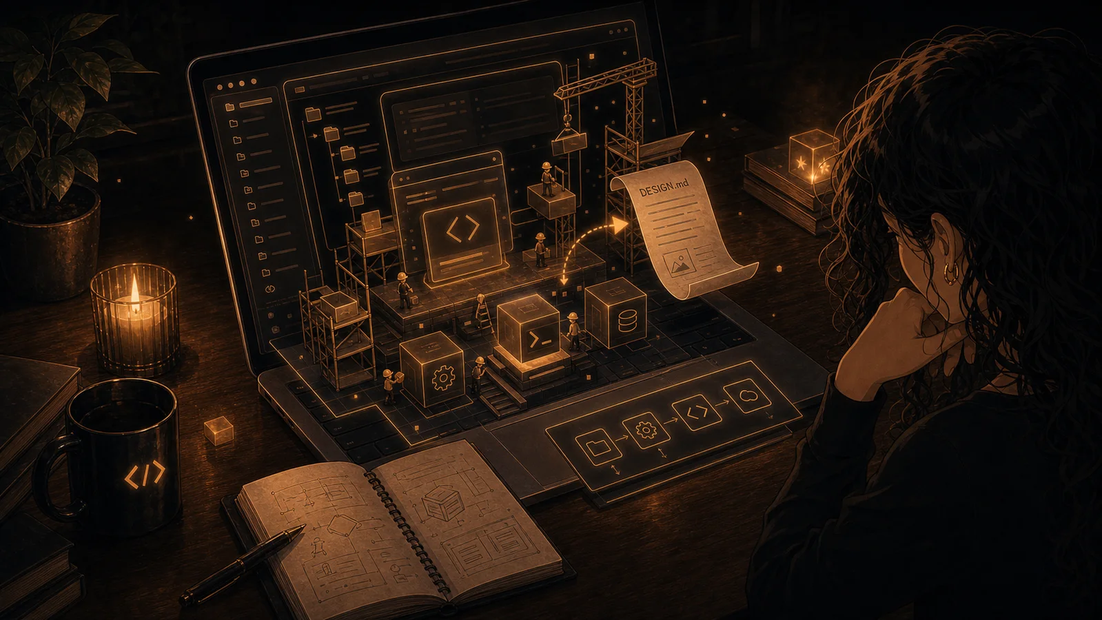 Isometric illustration of the Codex desktop app as a tiny glowing workshop assembling a project from files, scaffolding blocks, and a design document.