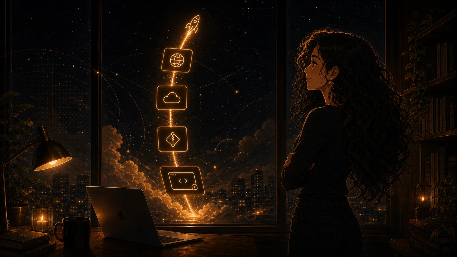 Cinematic illustration of Allie watching a bronze deploy pipeline launch from her laptop through a night window toward a live site.