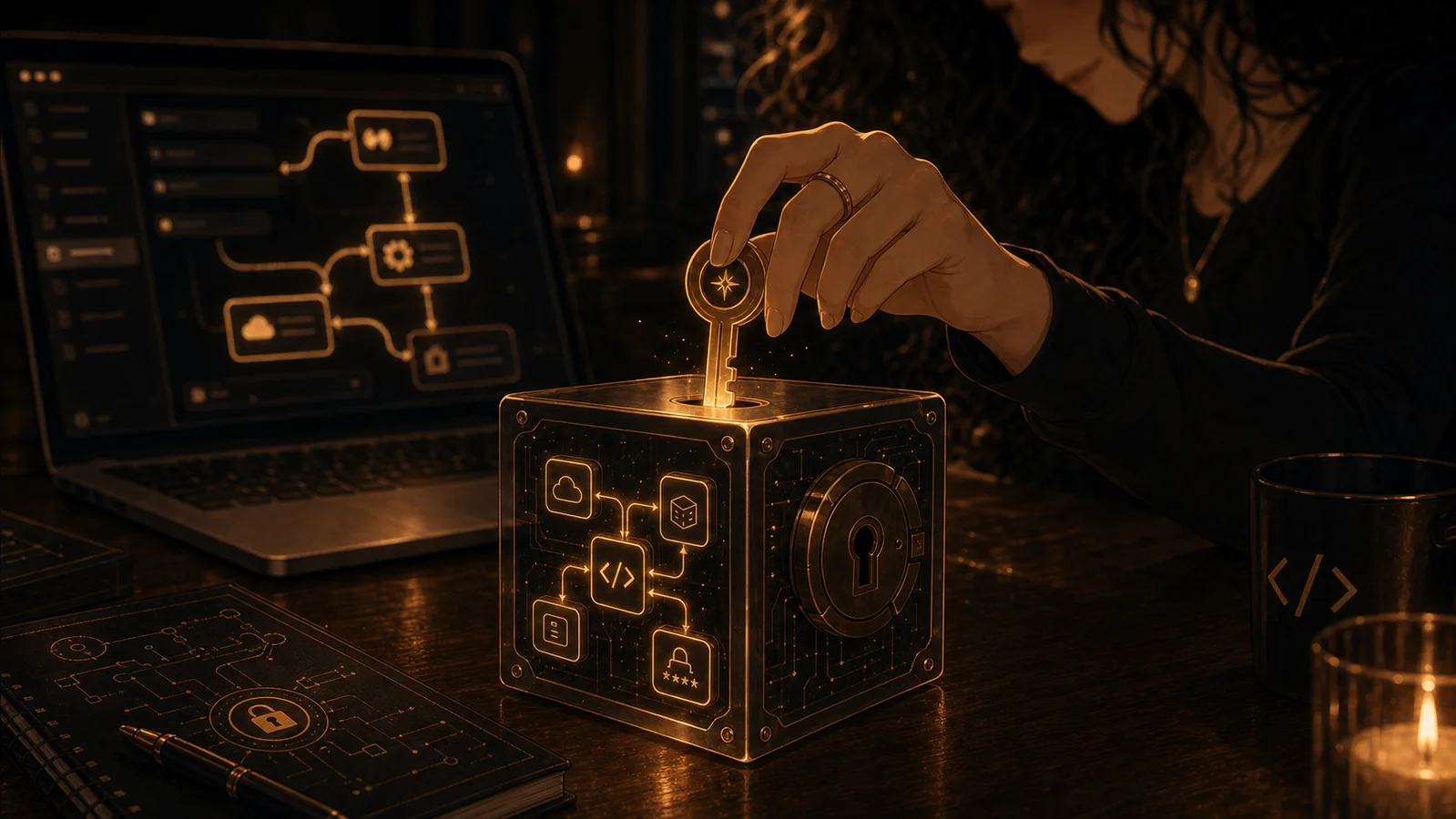 Macro illustration of Allie's ringed hand placing a bronze key into a glowing vault cube connected to abstract API nodes and secure wiring.