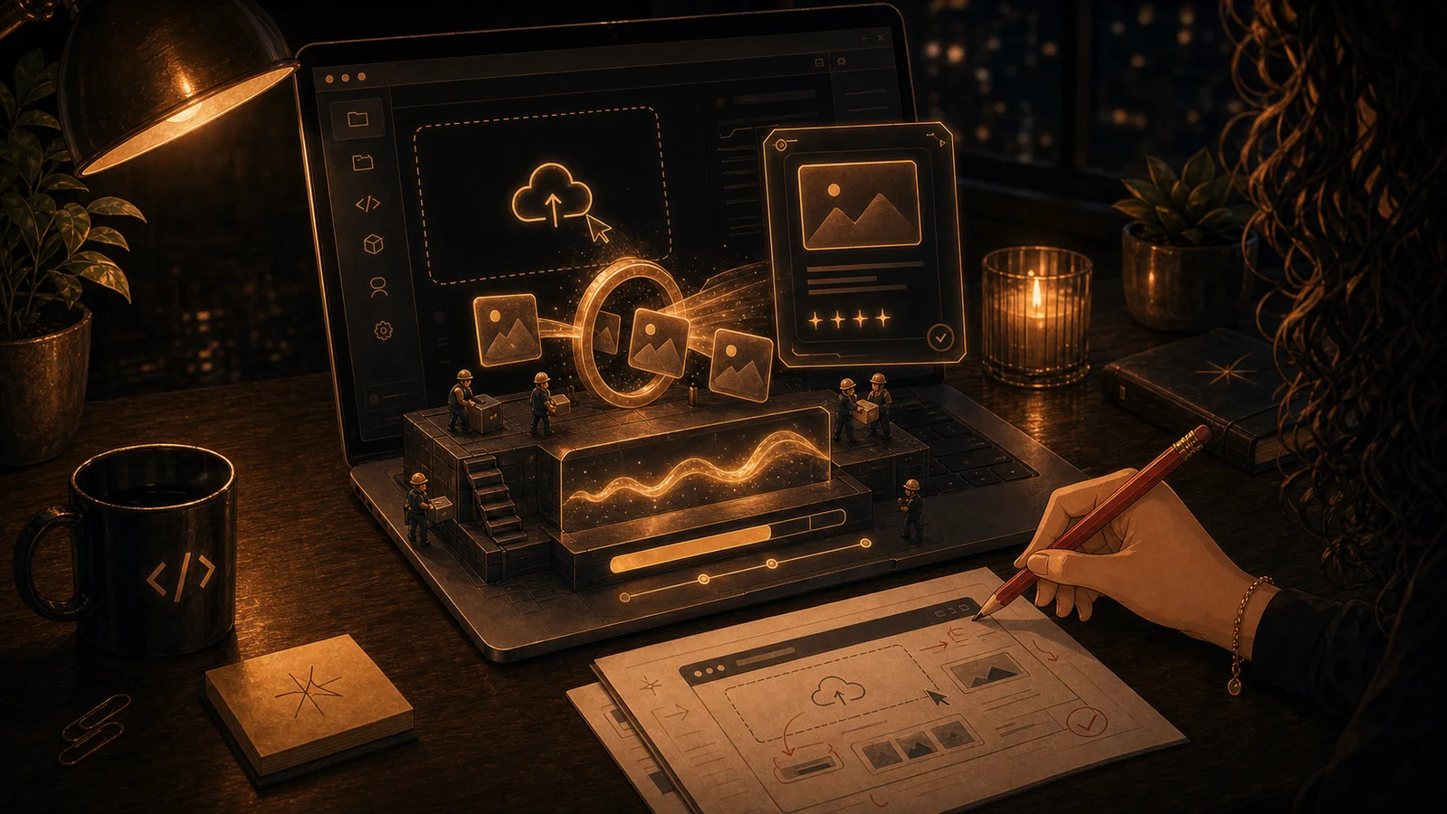 Playful tabletop illustration of a safe upload drop-zone interface as a tiny bronze portal, with generic image cards and Allie's hand marking a screenshot.