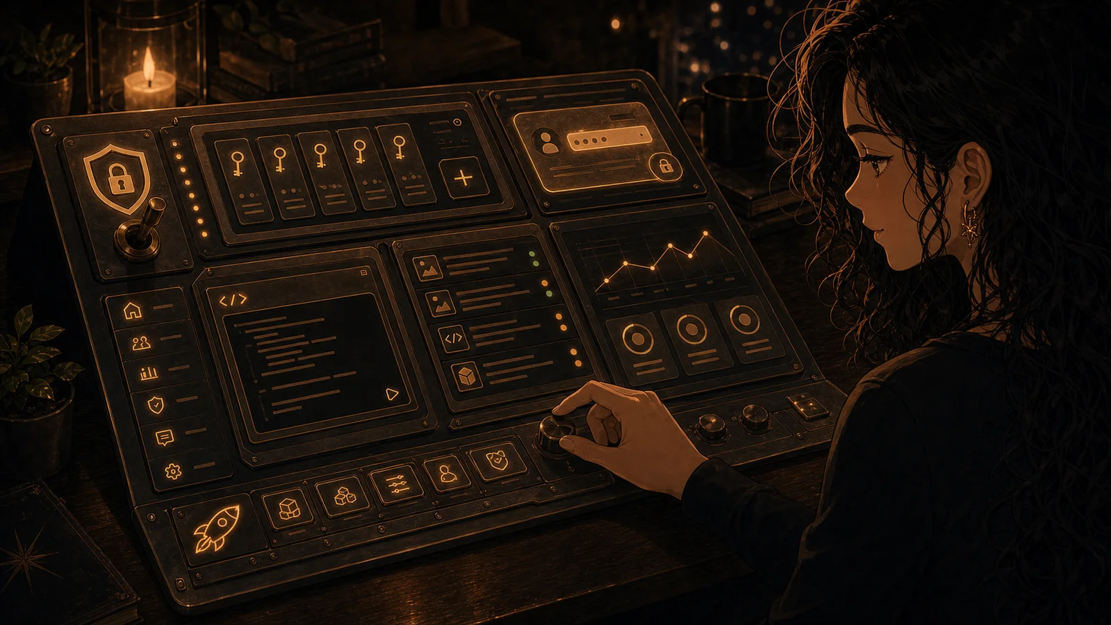 Illustration of a dark bronze admin control board with locks, settings panels, key tiles, logs, and Allie checking the panel in profile.